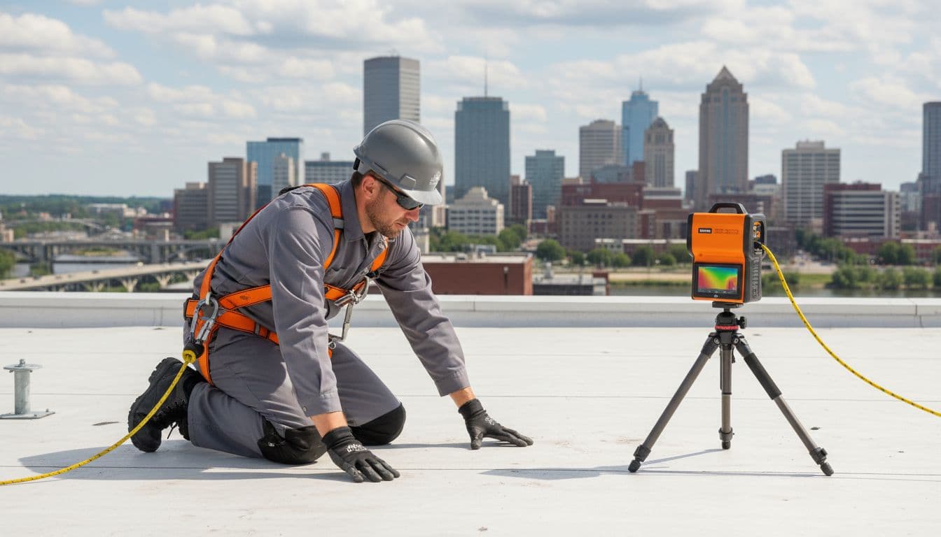 Professional roofing technician kneeling to inspect seam on low-slope commercial roof with gloved hands, infrared thermography camera on tripod scanning for moisture, safety harness attached, Saint Paul skyline in background under partly cloudy sky.