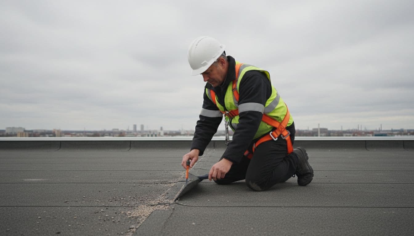 An experienced roofing professional kneels on a commercial flat roof, using a moisture meter to inspect seams and edges after high winds, equipped with safety harness, hard hat, and high-vis vest under a cloudy sky.