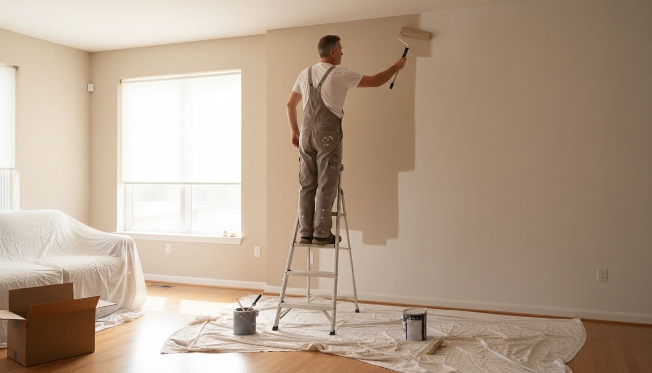 A middle-aged professional painter in work clothes applies fresh neutral paint to a smooth interior wall in a modern Bloomington MN living room, with a ladder nearby, drop cloths on the hardwood floor, and natural daylight from a window.