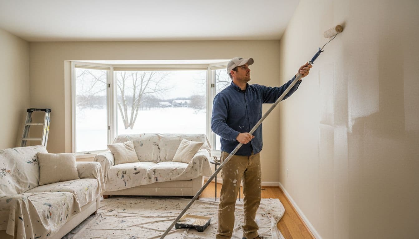 A skilled professional house painter applies even strokes of paint with a roller to a cozy living room wall in Eden Prairie, MN, using drop cloths for protection amid natural daylight and a snowy winter view outside.