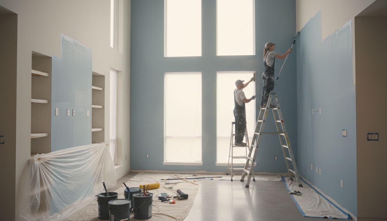Two professional painters apply fresh paint to living room walls in a modern Minneapolis home using ladders and brushes, with natural daylight and a clean job site.