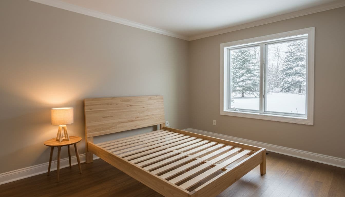 Interior House Painting Cost In St. Paul In 2026 3 Photorealistic depiction of a cozy, empty bedroom featuring neutral beige walls, white trim, wooden bed frame, soft lamp light, and a window showing a snowy Minnesota landscape, illustrating professional interior painting results.