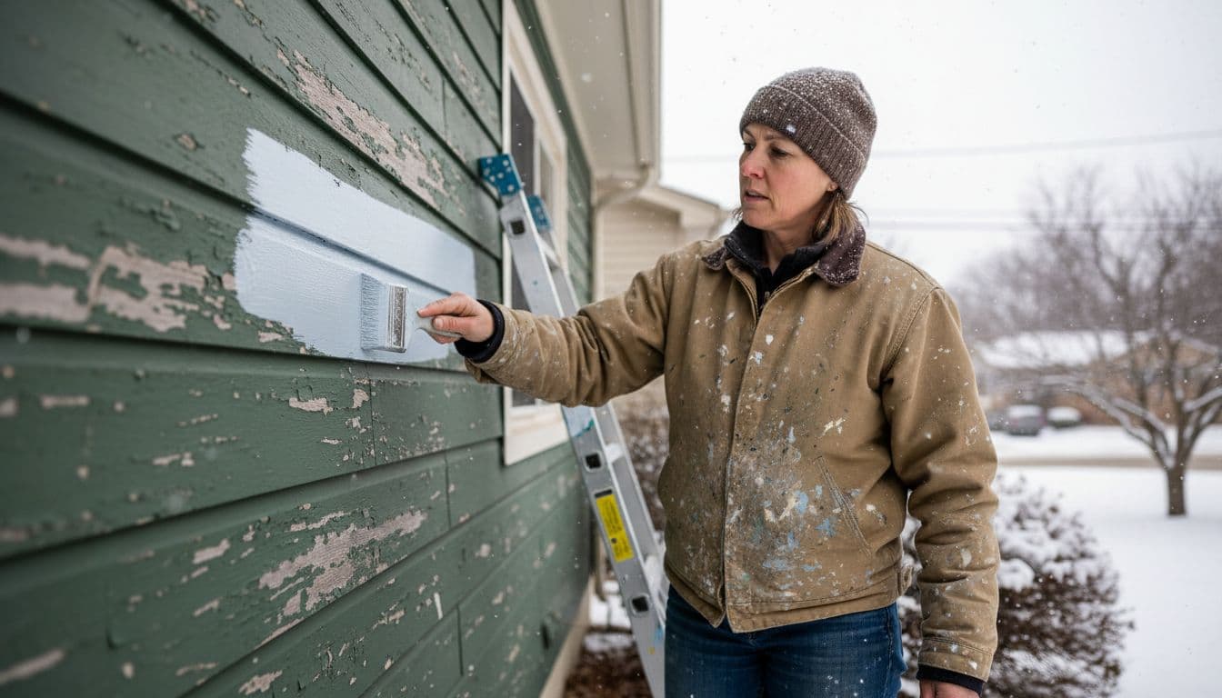 Close-up of a professional painter applying fresh paint to weathered wood siding on a Minneapolis suburban home, with a ladder nearby under an overcast sky with light snow flurries.