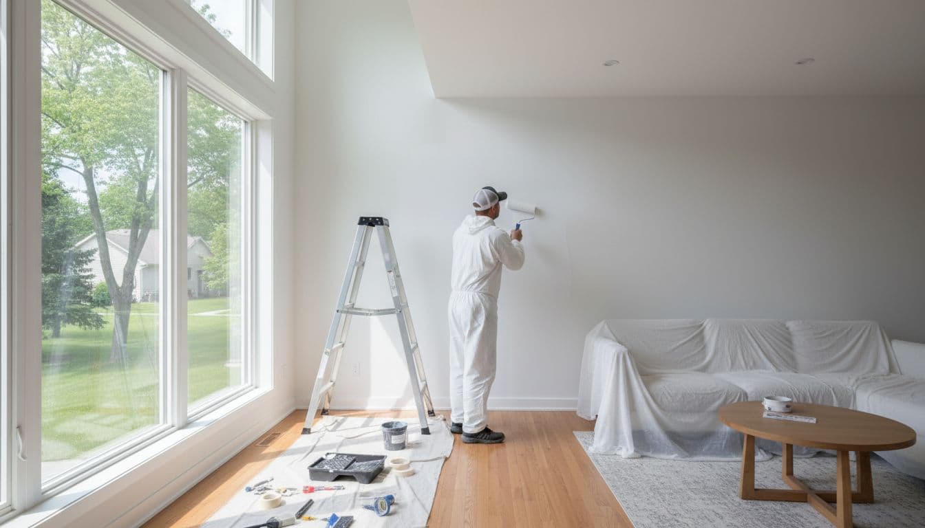A professional painter applies fresh white paint to walls in a bright modern living room of a suburban Minnesota home, with ladder and tools nearby and natural daylight from large windows.