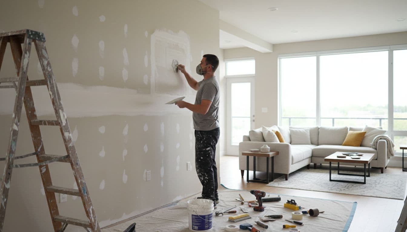 Interior Painting Cost With Drywall Repair in Minneapolis in 2026 2 A professional painter patches a large hole in the drywall of a modern Minneapolis living room using joint compound, trowel, and sandpaper, with tools on the floor and ladder nearby, under natural daylight.