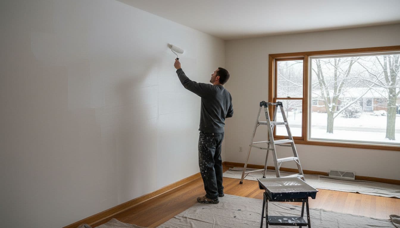 Interior House Painting Cost In St. Paul In 2026 2 A professional painter seen from the back applies white paint with a roller to the walls of a bright living room in a St. Paul, Minnesota home. The scene includes wooden floors, a large window with winter view outside, ladder and paint trays nearby, under soft natural daylight.