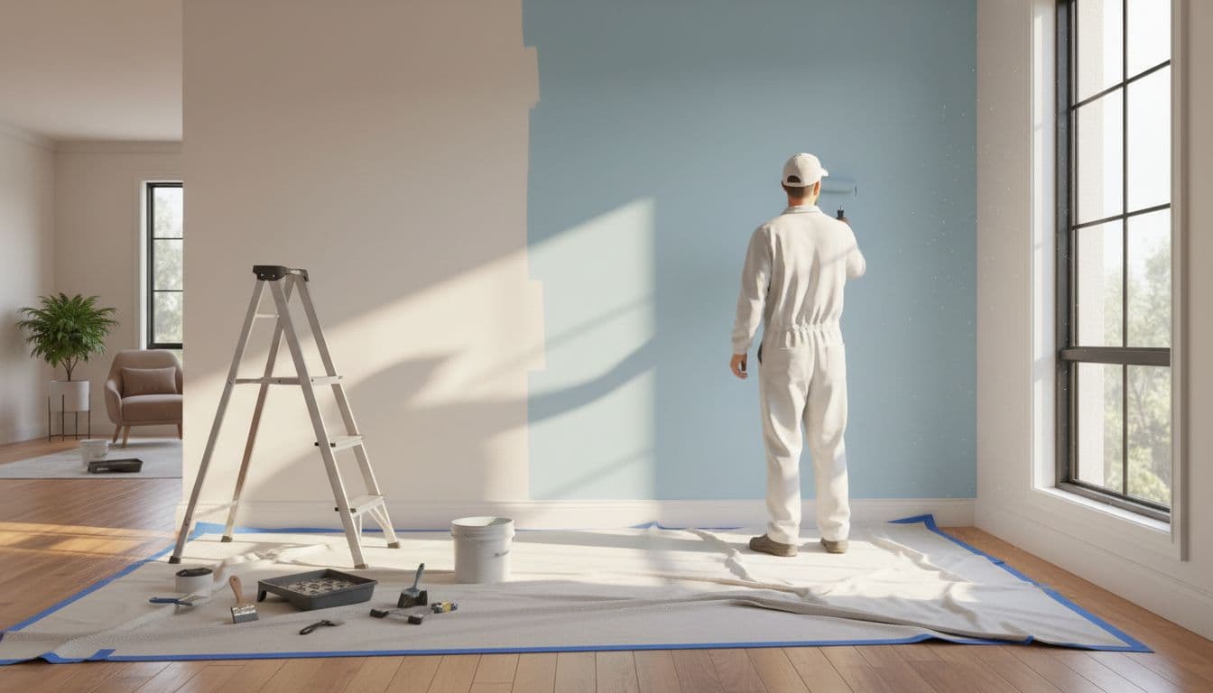 A professional painter applies fresh paint with a roller to a smooth living room wall in a cozy modern home, with drop cloths on wooden floors, ladder and tools nearby, and natural light from a large window.