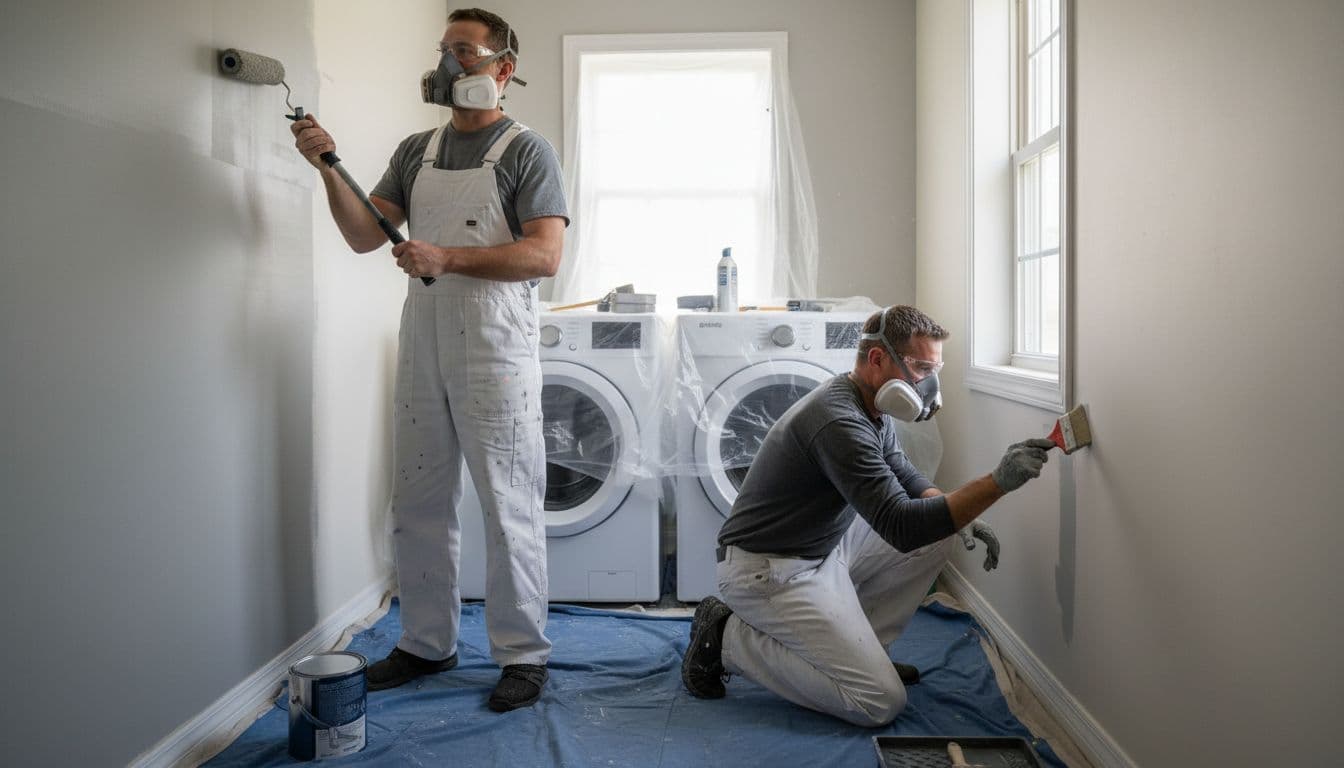Two professional male painters aged 30-40 with protective gear work meticulously in a small clean Minneapolis home laundry room, one using a paint roller on the wall and the other a brush for edges, drop cloths protecting floor and appliances including stacked washer-dryer, soft window lighting.