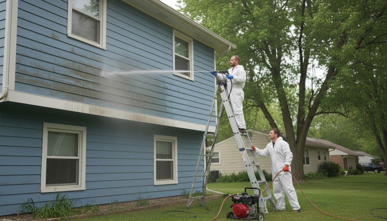 Cost to Paint Aluminum Siding in Minneapolis in 2026: A Local Price Guide 2 Two professional painters power wash faded aluminum siding on a two-story suburban house exterior in Minneapolis, one spraying water with the nozzle while the other adjusts the hose, with ladder and pressure washer on the grass amid neighborhood trees under soft overcast daylight.