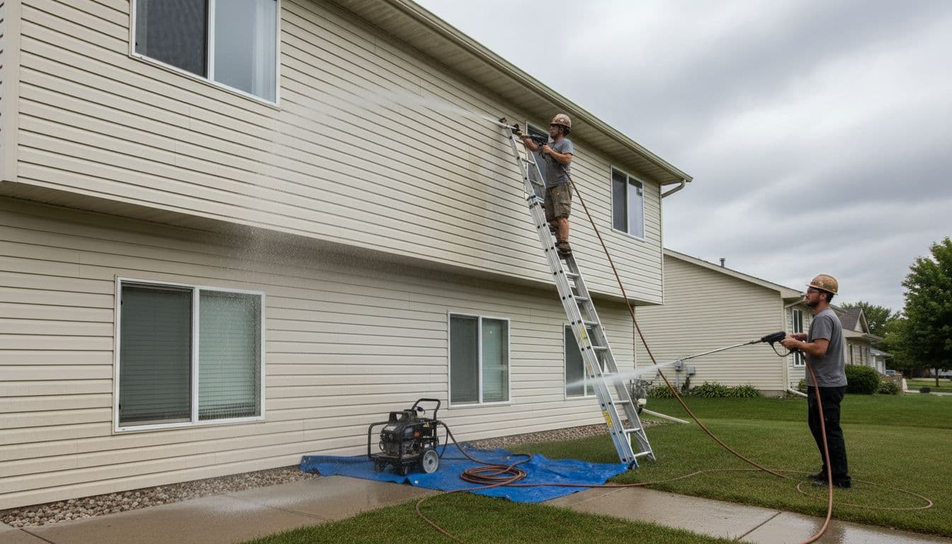 Two professional painters pressure wash vinyl siding on a Twin Cities home before painting—one on a ladder with equipment, the other on the ground—under an overcast sky, emphasizing the cleaning preparation process.