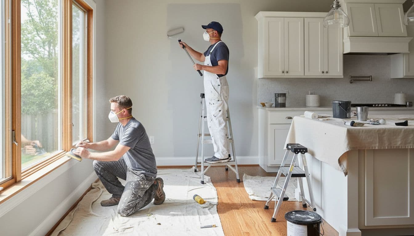Two mid-30s male professional painters work in a bright suburban kitchen: one sands wood trim carefully, the other rolls paint smoothly on the wall amid drop cloths, ladders, and natural daylight in a clean workspace.
