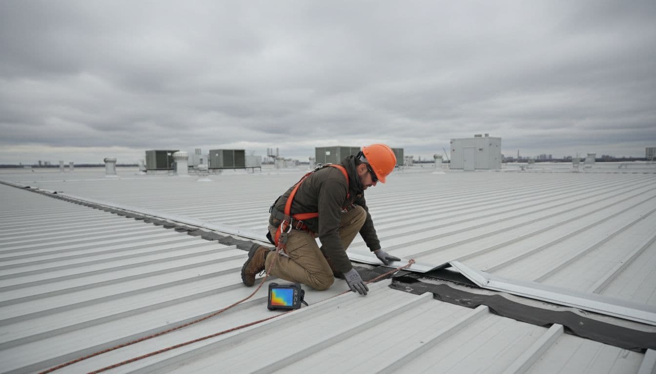 A professional roofing inspector kneels on a large commercial building roof, checking for wind-induced leaks by examining loose flashing and seams, with an infrared camera nearby on a windy overcast day.