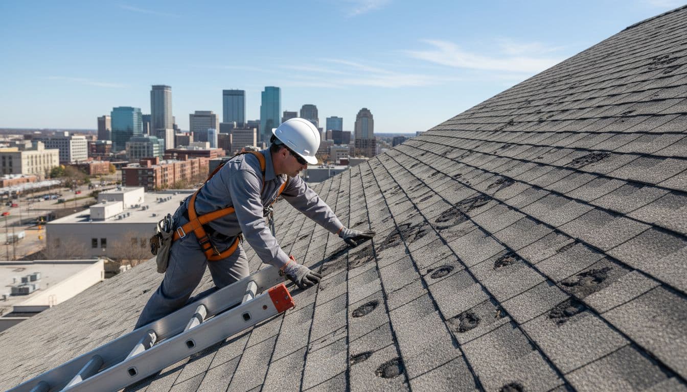 Can You Replace Only One Roof Slope After Hail Damage? A professional roofing inspector wearing a safety harness closely inspects a hail-damaged commercial roof slope, with visible granule loss and dents on shingles, ladder access, and the urban Saint Paul skyline in the distant background under clear daytime weather.