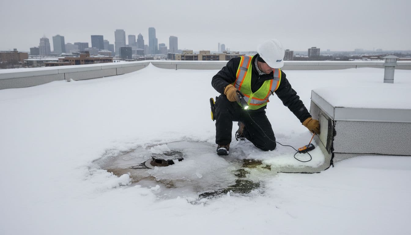 Does Insurance Cover Ice Dam Roof Damage In Minnesota A professional roofing inspector kneels on a low-slope commercial building roof, using a flashlight and moisture meter to inspect water stains and ice buildup from an ice dam during a snowy Minnesota winter day.
