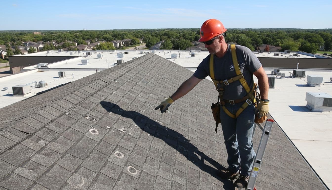 A professional roofer wearing safety gear climbs a ladder to inspect a shingle roof on a commercial building after a hail storm, pointing to a small dent on a shingle amid subtle hail marks in a suburban Minnesota neighborhood under clear daylight.