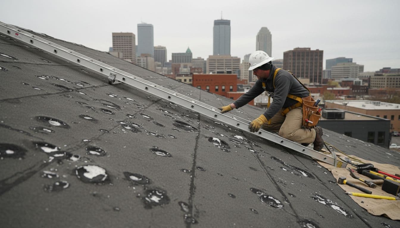 A professional roofer in safety gear inspects dents and cracks on a hail-damaged commercial roof slope using a ladder and tools, with an urban Saint Paul background under overcast light.