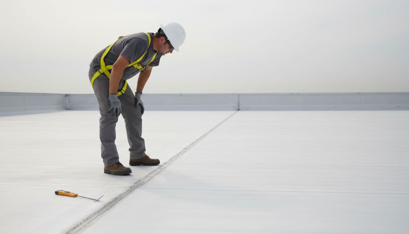 A professional roofer wearing a safety harness and hard hat inspects heat-welded seams on a commercial flat TPO roof surface under an overcast sky, with hand tools like a probe nearby on the roof.