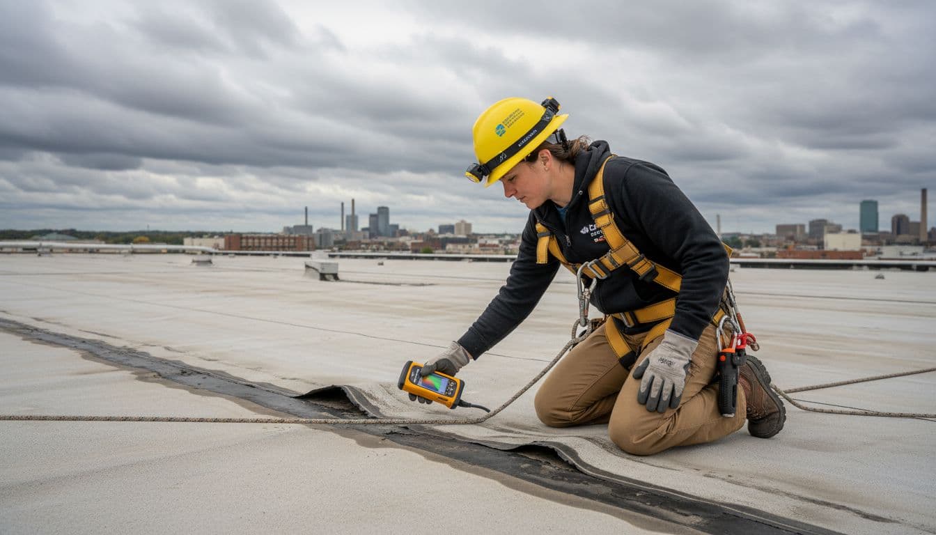 Can 50 Mph Winds Damage A Roof A professional commercial roofer in full safety harness and hard hat carefully inspects wind-damaged flat roof seams using an infrared moisture meter on a Saint Paul industrial building under a cloudy post-storm sky.
