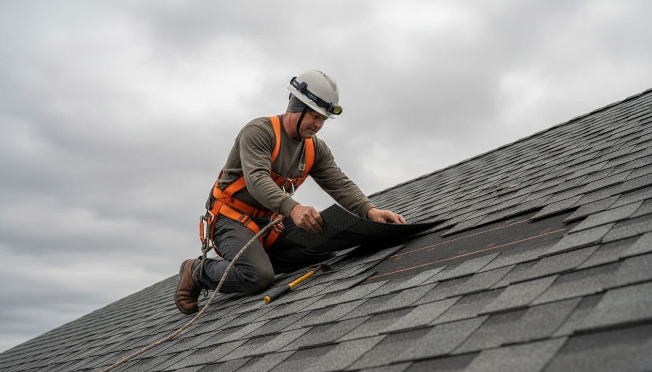 Can Wind Damage Lift Shingles Without Tearing Them Off Professional commercial roofer wearing safety harness and helmet kneels on sloped roof, gently holding edge of lifted but intact wind-damaged asphalt shingle with pry bar nearby under cloudy Minnesota sky.