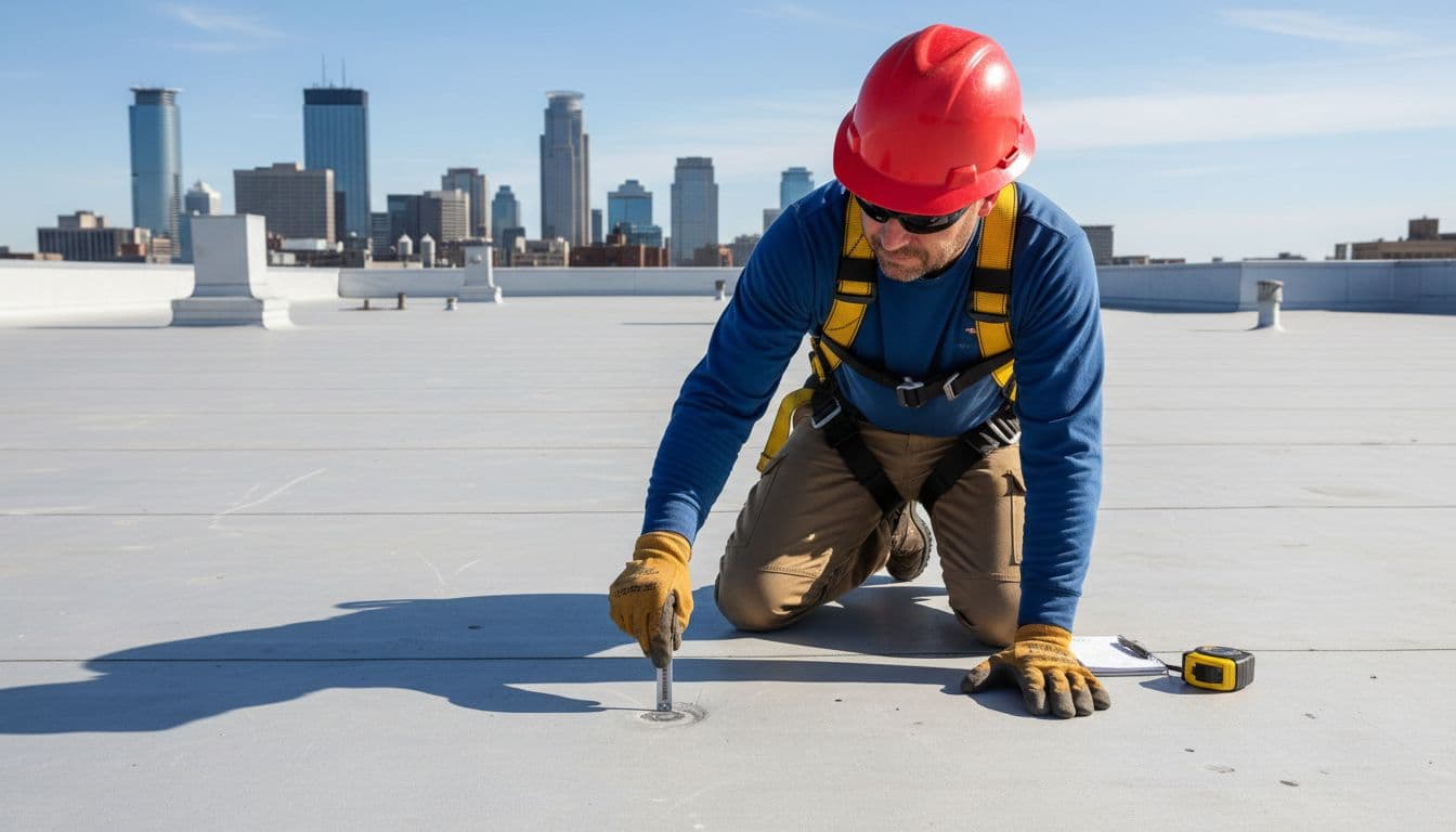 A professional roofer wearing safety harness and hard hat kneels on a commercial flat roof to measure minor hail damage with a gauge tool, Twin Cities skyline in the background on a bright sunny day.