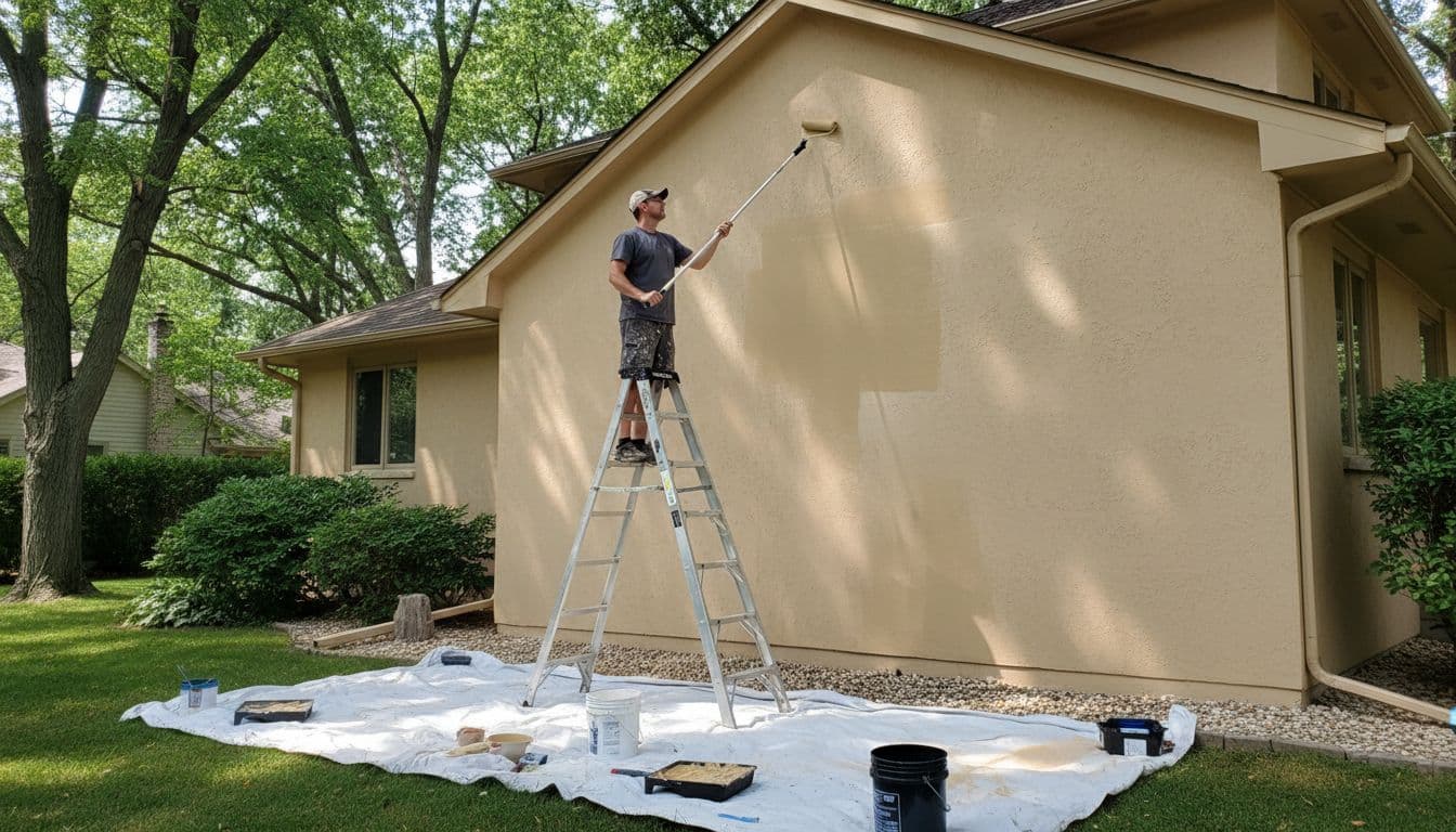 A professional painter applies fresh beige paint to textured stucco walls of a house exterior in a Minneapolis Twin Cities suburb like Edina, using a roller on an extension pole from a ladder on a sunny summer day with drop cloths and tools below.