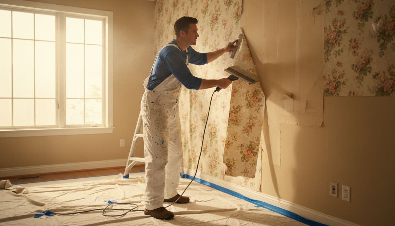 A professional painter in work clothes uses a steamer to safely remove old floral wallpaper from a beige wall in a bright Minneapolis living room, with drop cloths protecting the floor.