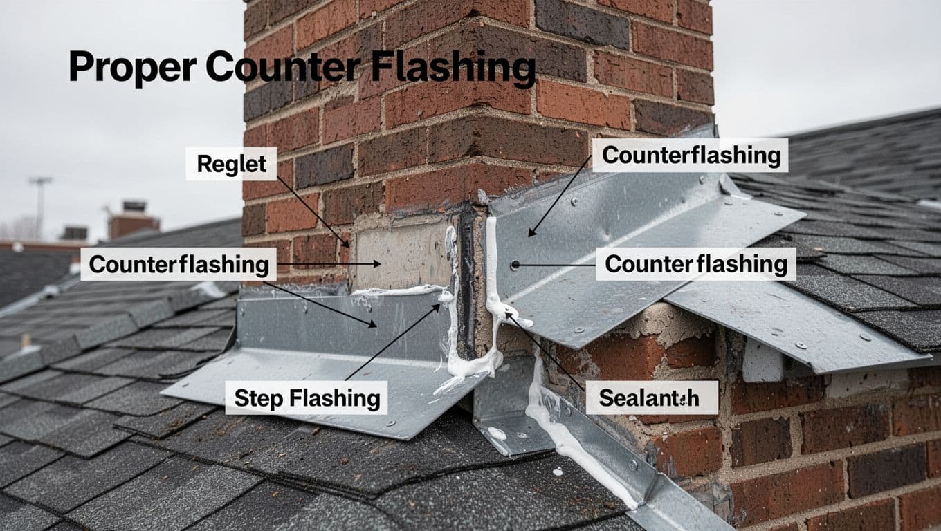 What is step flashing vs. counter flashing on a Minnesota roof, and how can you spot a bad install from the ground? Realistic high-resolution close-up in natural daylight showing proper counter flashing on a brick chimney for Minnesota roofing education, with reglet cut into mortar joint, counterflashing bent and sealed, step flashing underneath, and labels for all components.