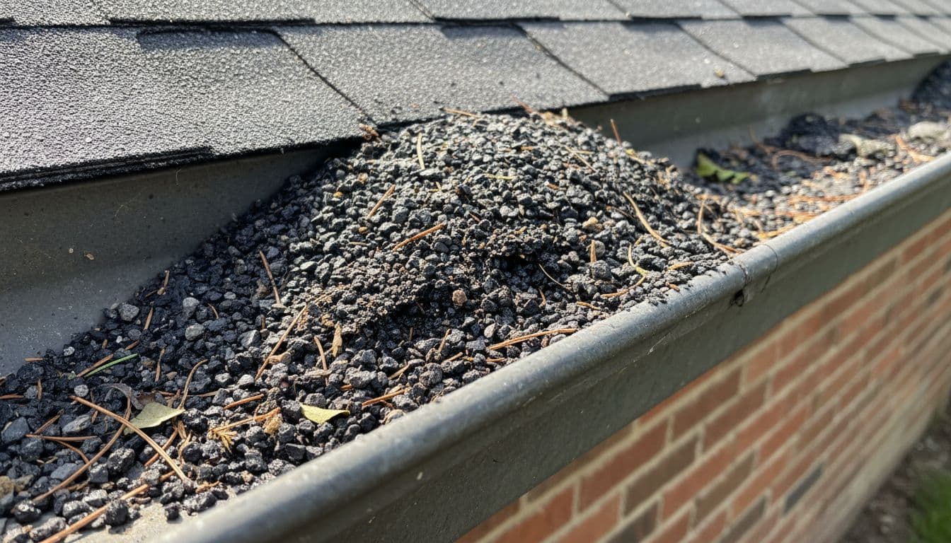 What Are the First Signs of Hail Damage on a Residential Roof Close-up view of residential roof granules and dark shingle debris accumulated in a gutter following a hail storm, in a natural outdoor daylight setting.