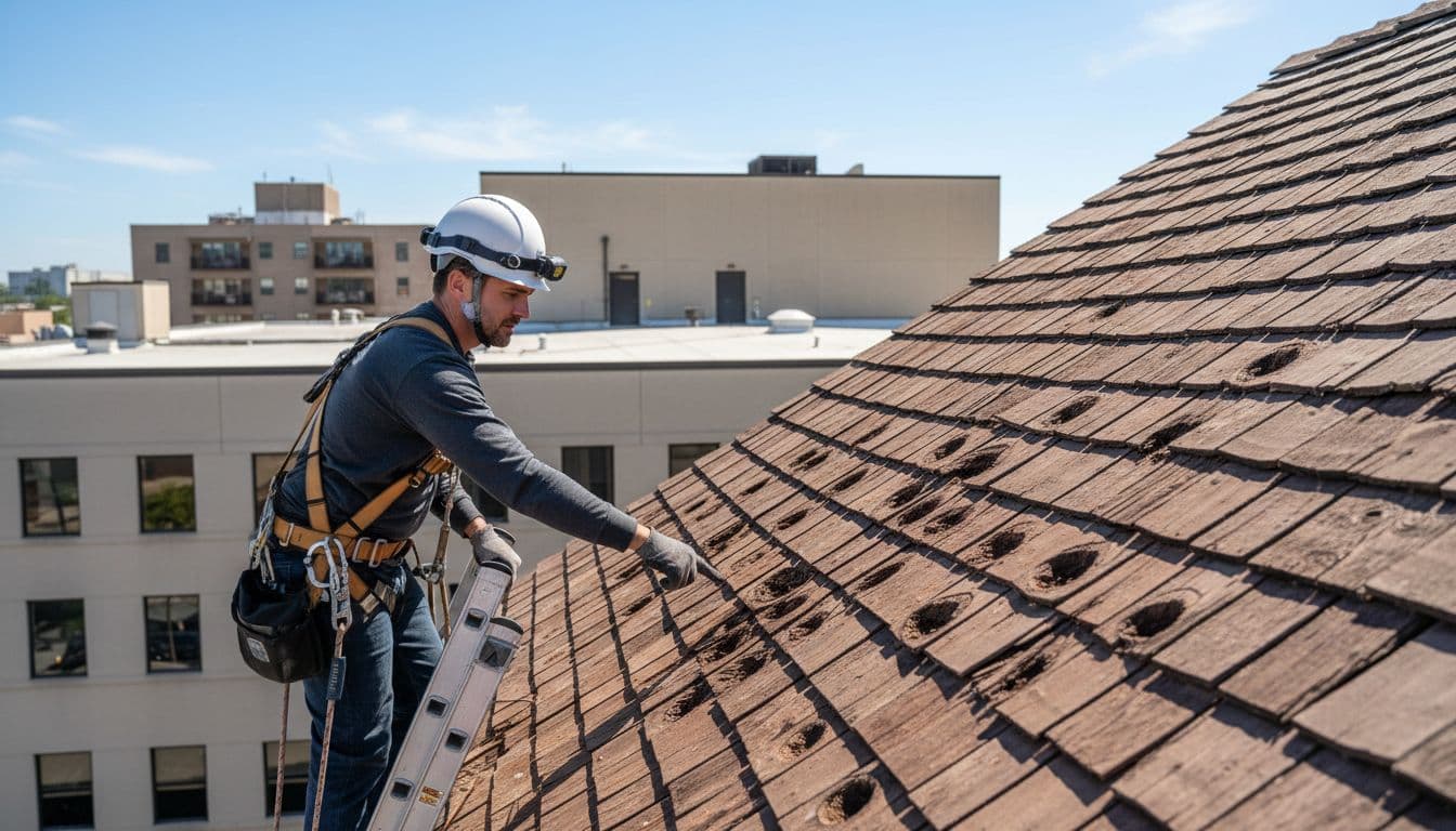 How to Identify cedar shake hail damage on wood shake shingles A professional roof inspector in hard hat and safety harness ascends a ladder to closely examine hail damage on cedar shake shingles of a commercial building, pointing to dents and cracks in an urban setting with clear skies.