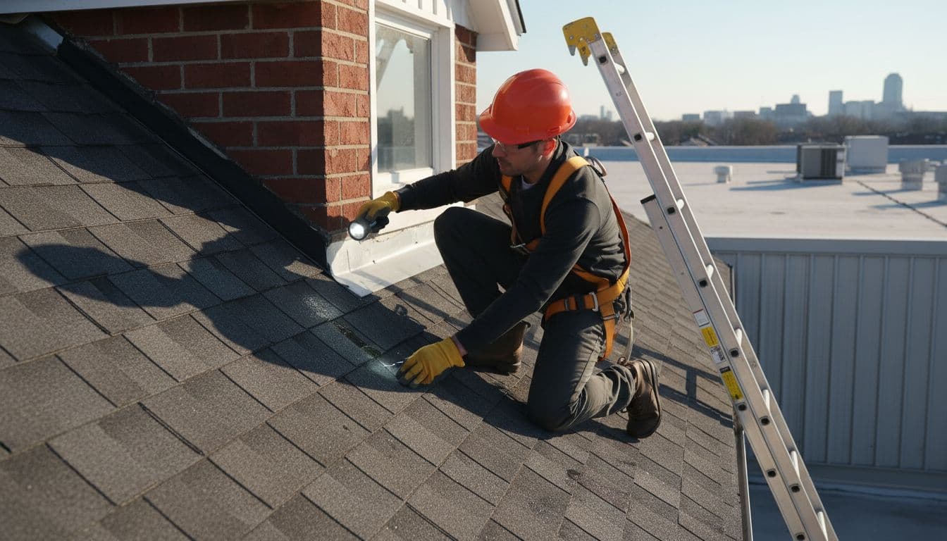 How Do You Find A Shingle Roof Leak Around Dormers Person in safety gear inspects shingle roof around dormer using flashlight and moisture meter on commercial rooftop, focusing on leak detection tools in natural daylight.