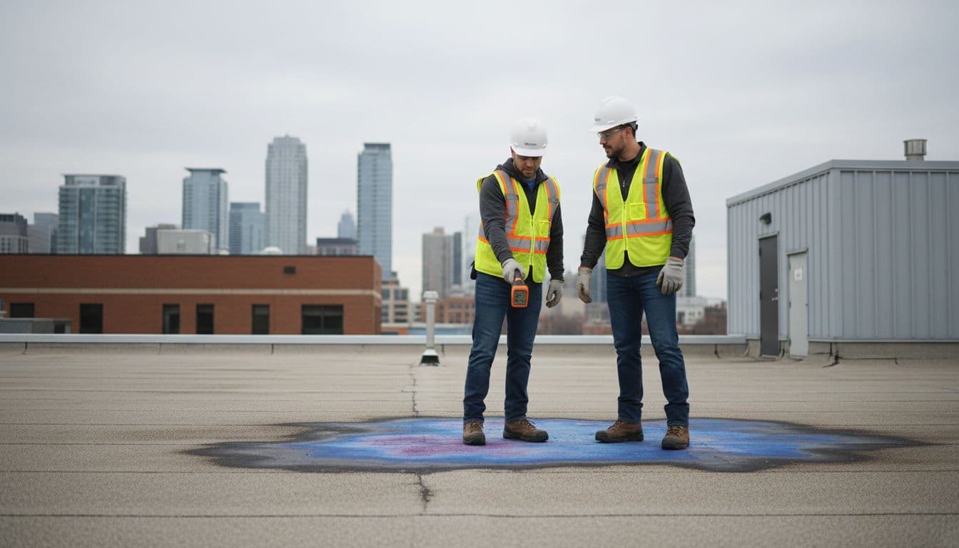 Who Should Perform Commercial Roof Leak Detection for Insurance Reports? Two certified roofing professionals in safety gear use infrared thermography equipment to detect moisture on a large flat commercial roof, with one holding a thermal camera and the other pointing to a wet area, under an overcast sky with city skyline in the background.