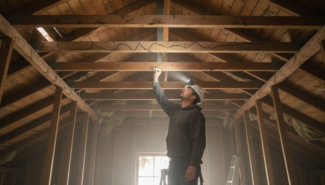 In a commercial building attic with exposed joists, a roofer marks the water stain path on a wooden beam using chalk from below the ceiling, flashlight illuminating the trail in dim natural light.