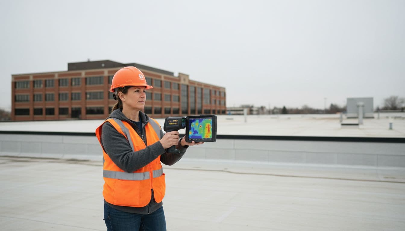 How to Inspect Roof Hail Damage Without Walking on Shingles Close-up realistic photo of a professional roofer on solid ground using a handheld infrared thermal imaging camera pointed at the edge of a commercial flat roof to detect hail damage and moisture, Saint Paul business building background under natural overcast daylight.