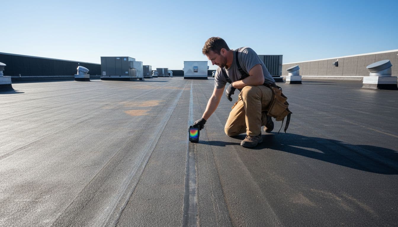 How Do You Detect A Modified Bitumen Roof Leak A professional roofer kneels on a flat commercial roof of dark modified bitumen, using a handheld infrared thermal camera to check a seam for leaks, displaying subtle heat patterns on the screen amid parapet walls and HVAC units under clear daylight.