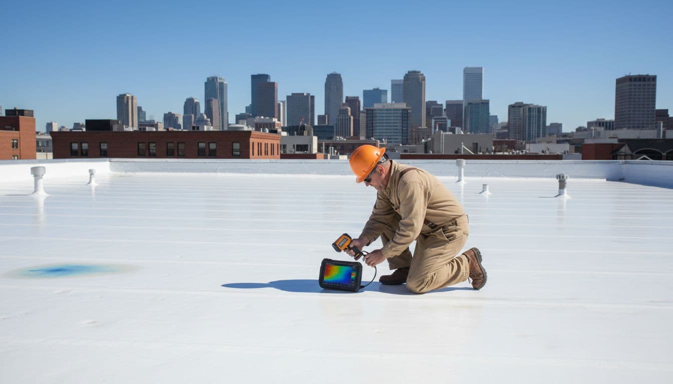 How Do You Detect A Flat Roof Leak Under White Roof Coatings A professional roofer on a commercial flat roof with white coating uses infrared thermography equipment to scan for leaks in an urban rooftop setting on a clear day with blue sky.