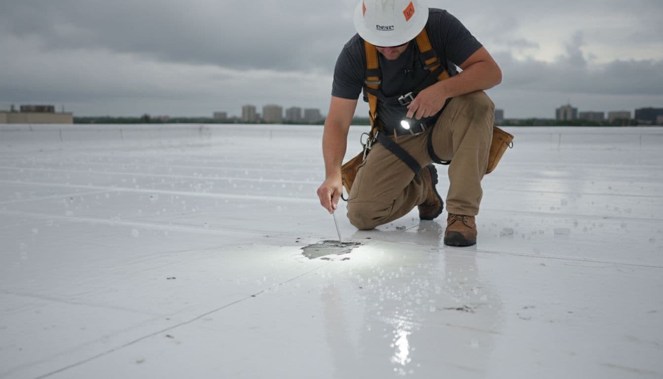 How Is Commercial PVC Roof Hail Damage Inspected A professional roofer stands on a large flat commercial PVC roof, closely inspecting hail-induced dents and fractures on the white membrane using a flashlight and probe tool while wearing safety gear including a harness and helmet, with scattered ice pellets nearby under an overcast post-storm sky.