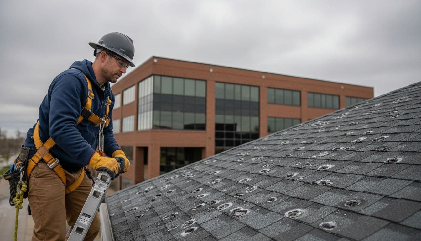 Can Quarter-Size Hail Damage A New Asphalt Shingle Roof A professional roofer in safety harness on a ladder closely inspects dents from quarter-size hail on asphalt shingles of a new roof, with a commercial low-rise building in the cloudy Minnesota spring background.