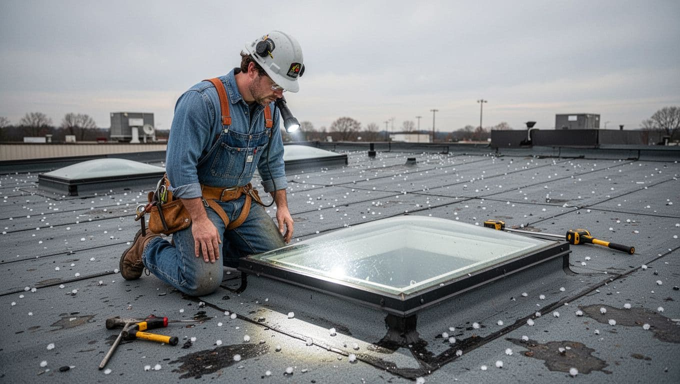 Can Hail Damage Skylights Without Breaking the Glass Professional roofer in safety gear kneeling beside a commercial flat roof skylight after a hail storm, using a flashlight to check edges and seals with tools nearby under an overcast sky.