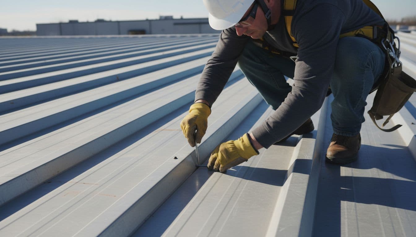 Close-up view of a professional roofer in safety gear using a tool to probe seams between metal panels on a commercial standing seam roof for gaps or moisture, clear daylight realistic photography.