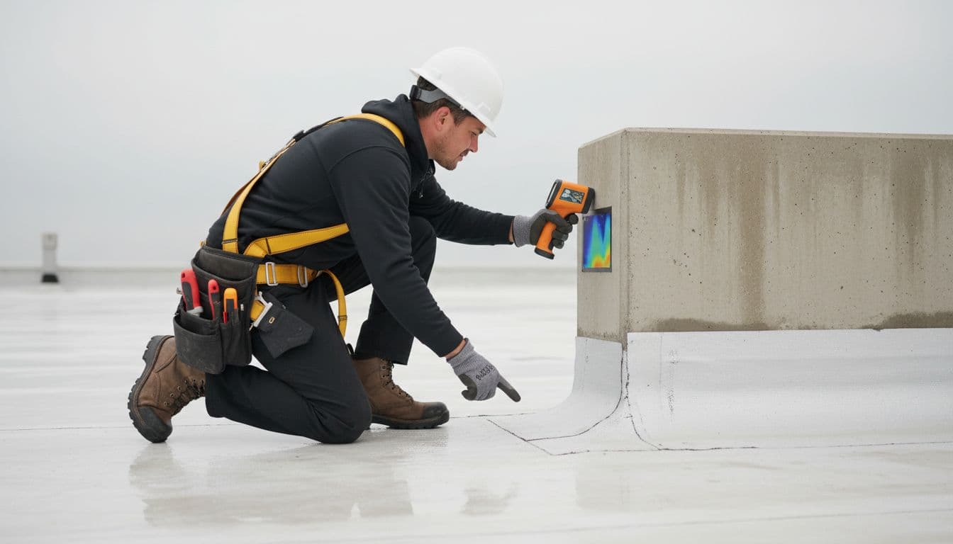 A professional roofer in safety gear uses an infrared thermal camera to inspect TPO roof wall flashing on a flat commercial roof parapet under overcast natural light. Photorealistic image shows one person holding the tool near the flashing detail, demonstrating the inspection technique.