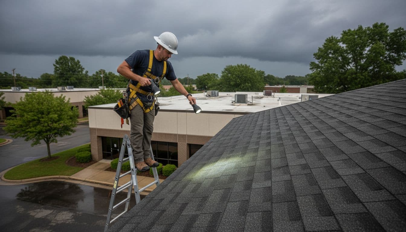 A professional roofer on a ladder uses a flashlight to inspect an asphalt shingle roof for hail damage, checking granules on a commercial building in a suburban setting under an overcast sky after a storm. This realistic photo shows safe inspection practices with one person holding tools loosely.