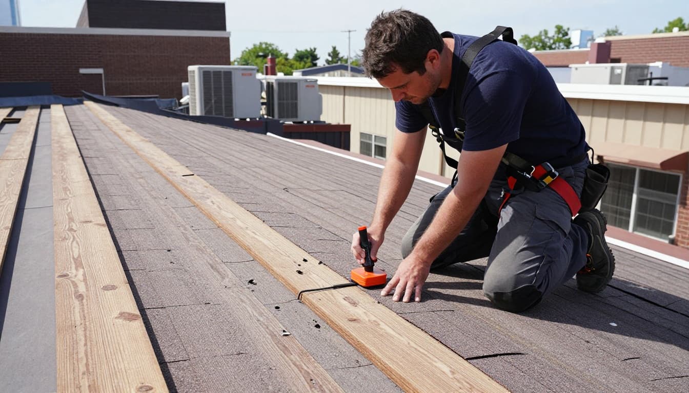 Can Hail Damage Roof Decking Without Breaking Shingles A professional roofer kneels on a commercial flat roof, using a moisture meter probe on plywood decking near shingle edges during hail damage inspection, wearing a safety harness with HVAC units in the background.