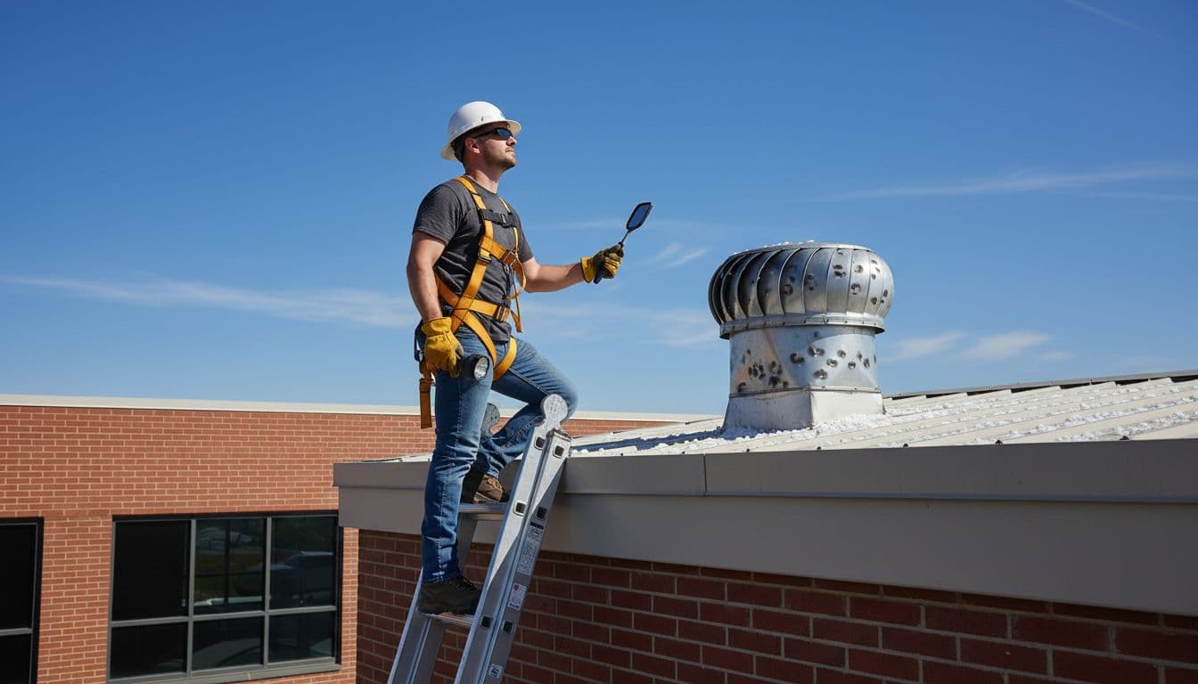 Can Hail Damage Roof Vents Without Hurting Shingles A professional roofer climbs a ladder to inspect a hail-damaged roof vent on a flat commercial roof, using an inspection mirror and flashlight under a clear blue sky after a storm.
