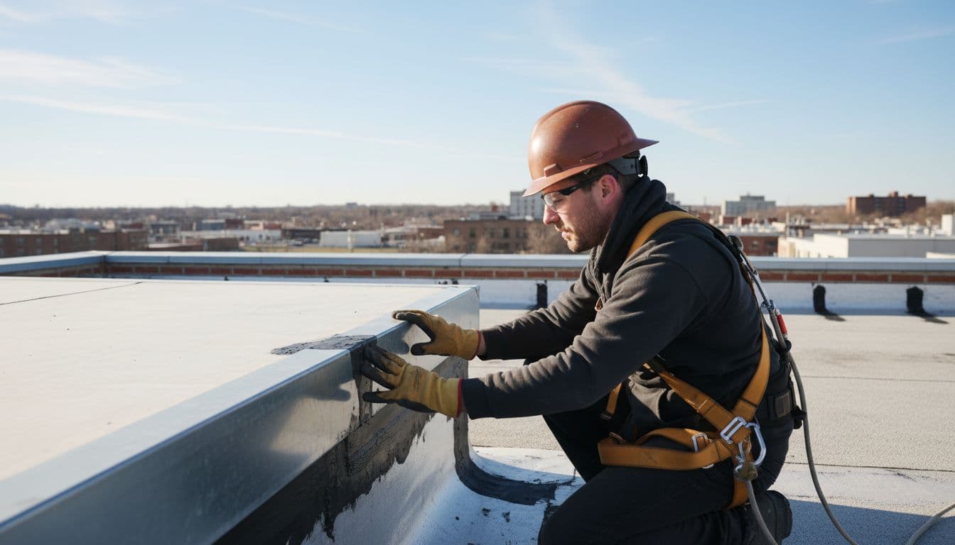 How Do You Detect an HVAC Roof Leak at Curb Flashing? A roofer in full safety gear including harness inspects HVAC curb flashing on a commercial flat roof, gloved hands probing sealant around metal curb and membrane under midday sunlight.