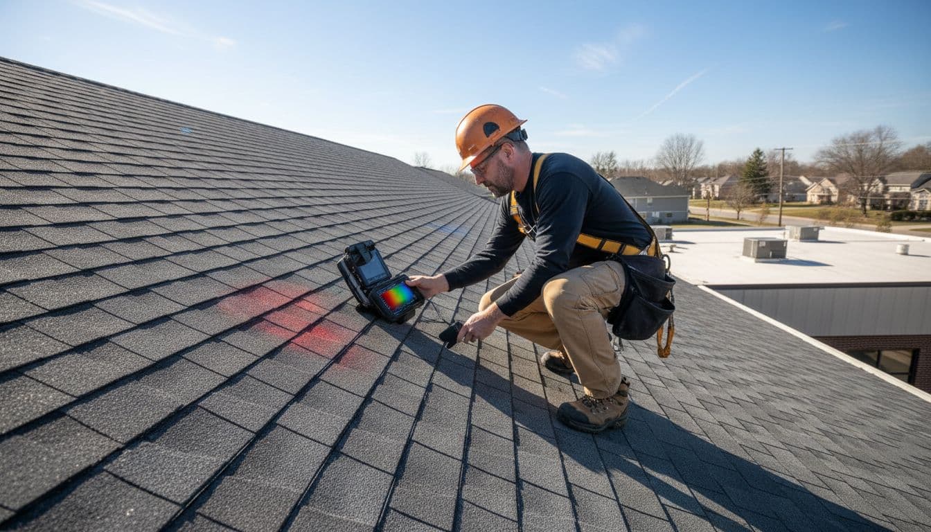 How Does Roof Leak Detection Work on Asphalt Shingle Roofs A professional roofer inspects an asphalt shingle roof on a commercial building using an infrared thermal camera to detect leaks, captured in a wide realistic photograph under clear daylight in a suburban setting.