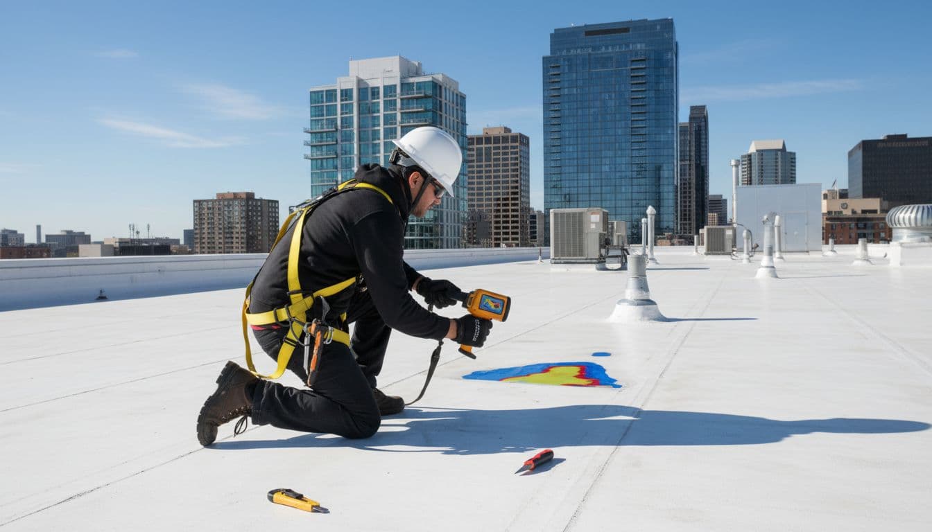 Is A Yellow Ceiling Stain A Roof Leak Or Old Damage A technician in safety gear uses an infrared thermal camera to detect leaks on a flat commercial roof during daytime, with urban building background and clear sky.