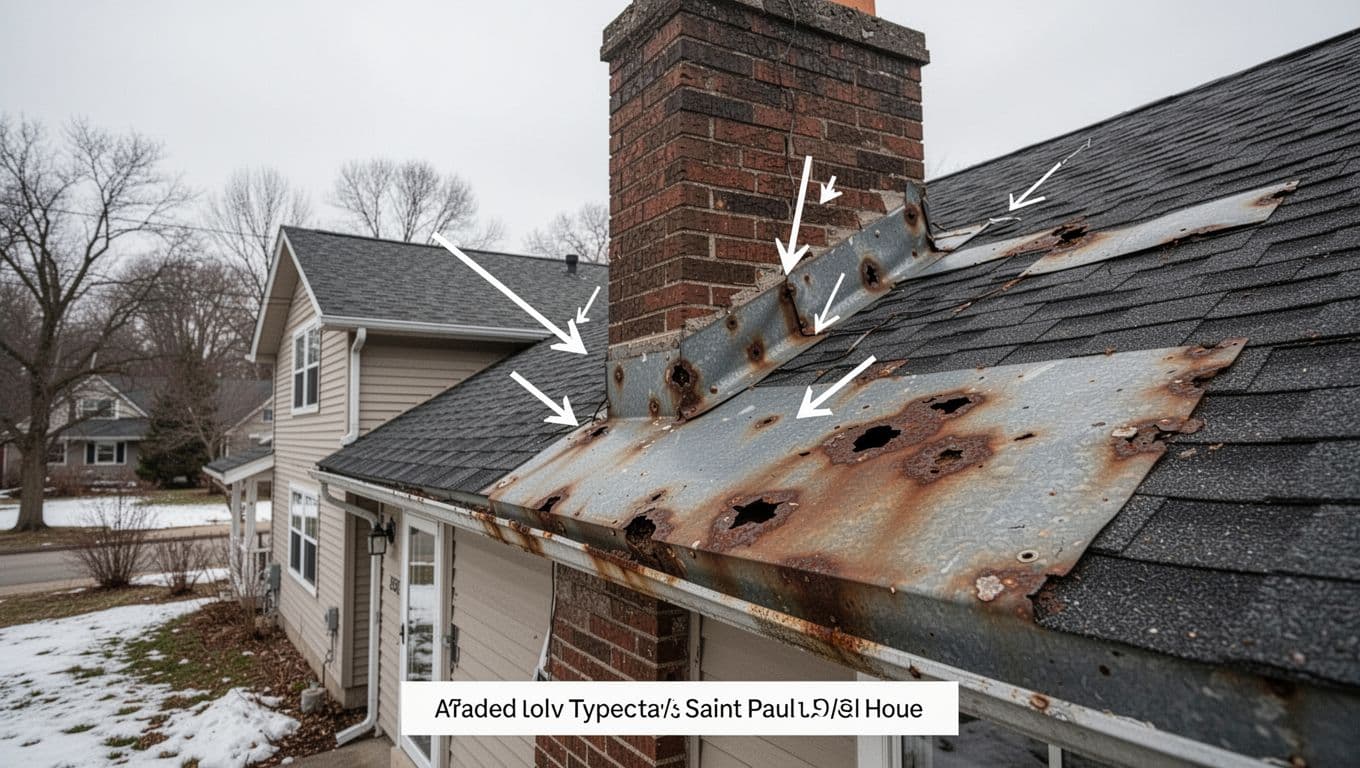 Photorealistic ground-level binoculars view of rusted and holed metal flashing around a brick chimney on a typical Saint Paul 1.5-story house, with subtle arrows highlighting corrosion under an overcast early-spring Midwest sky.