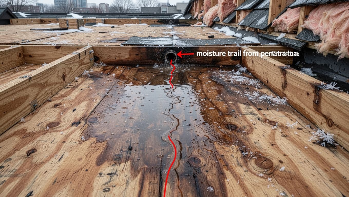 Ultra-realistic photo of a commercial attic in Saint Paul, Minnesota, under neutral daylight, sharply focused on wet roof deck, wooden rafters, and a moisture trail from a roof penetration point with a subtle labeled red arrow.