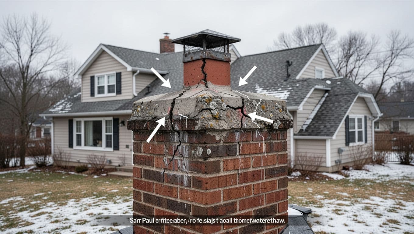 Photorealistic yard-level image of a Saint Paul home's brick chimney crown displaying cracks and gaps around the flue liner, mimicking roof leak water entry under an overcast winter sky. Subtle arrows highlight crown cracks and spalling from freeze-thaw cycles on the visible chimney top.