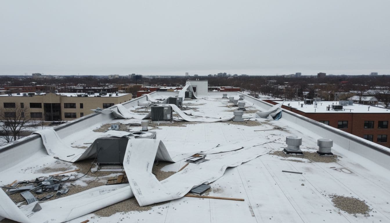 Wide-angle realistic photo of a commercial flat roof building in Saint Paul, Minnesota, after a wind storm, featuring torn TPO membrane sections, scattered debris, and snow in an urban winter setting under an overcast sky.